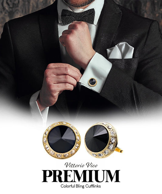 Vittorio Vico Large Bling Colorstone Cufflinks: CL15XX Series - Suits You Sir - Black and Gold -