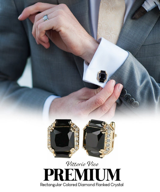 Vittorio Vico Large Rectangular Diamond Flanked Colorstone Crystal Cufflinks: CL 74XX Series - Suits You Sir - Black and Gold -