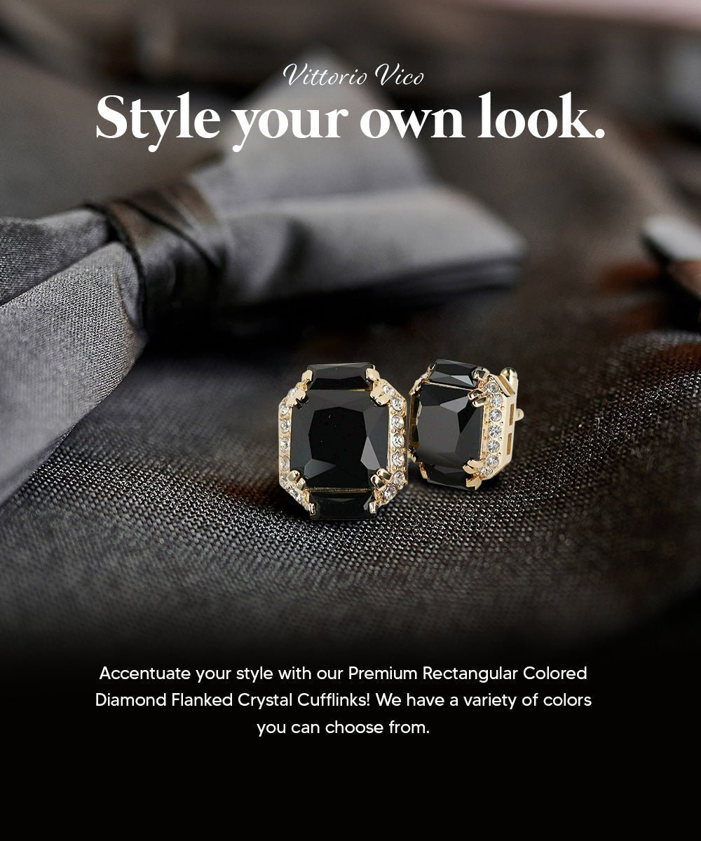 Vittorio Vico Large Rectangular Diamond Flanked Colorstone Crystal Cufflinks: CL 74XX Series - Suits You Sir - Black and Gold -