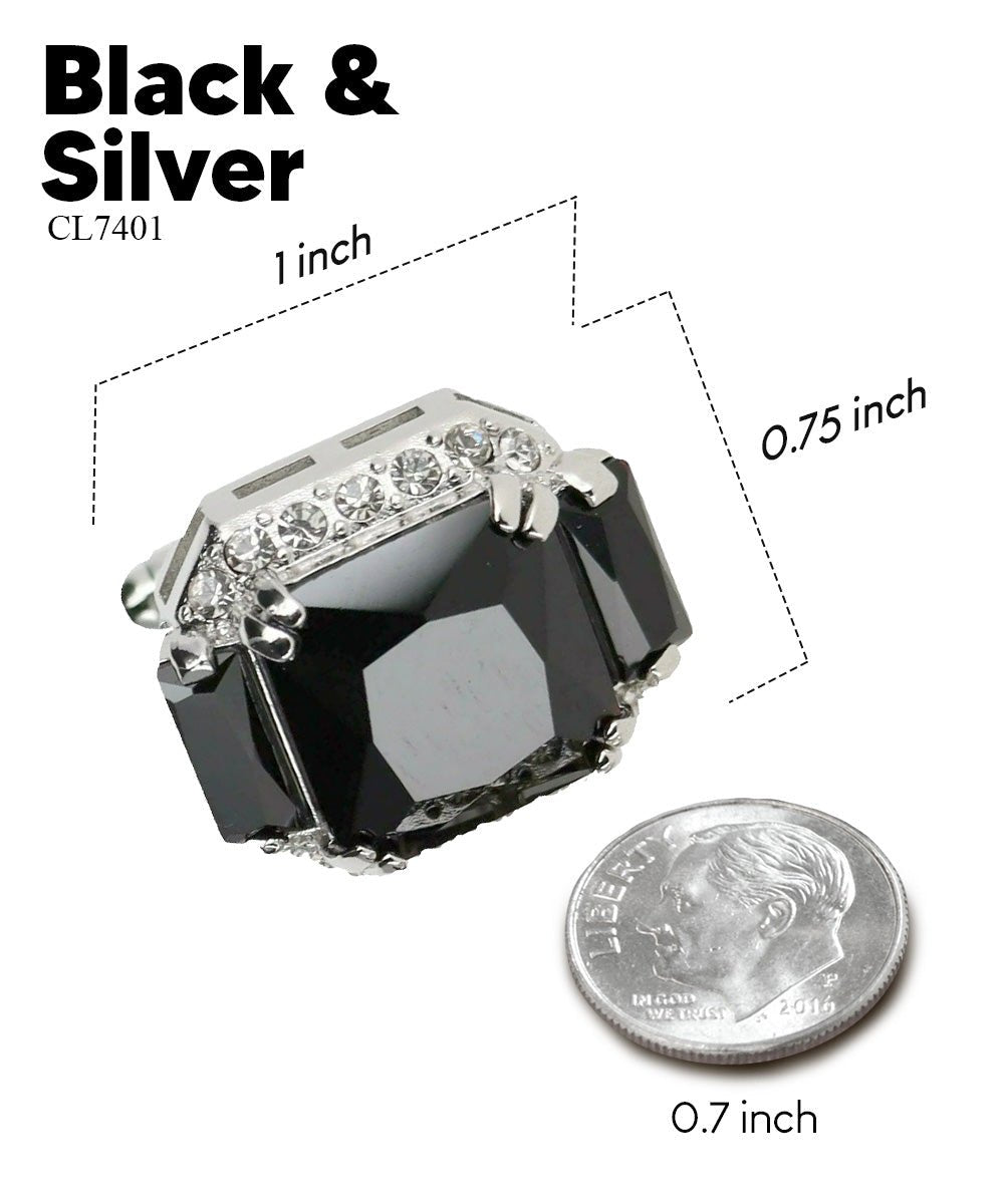 Vittorio Vico Large Rectangular Diamond Flanked Colorstone Crystal Cufflinks: CL 74XX Series - Suits You Sir - Black and Silver -