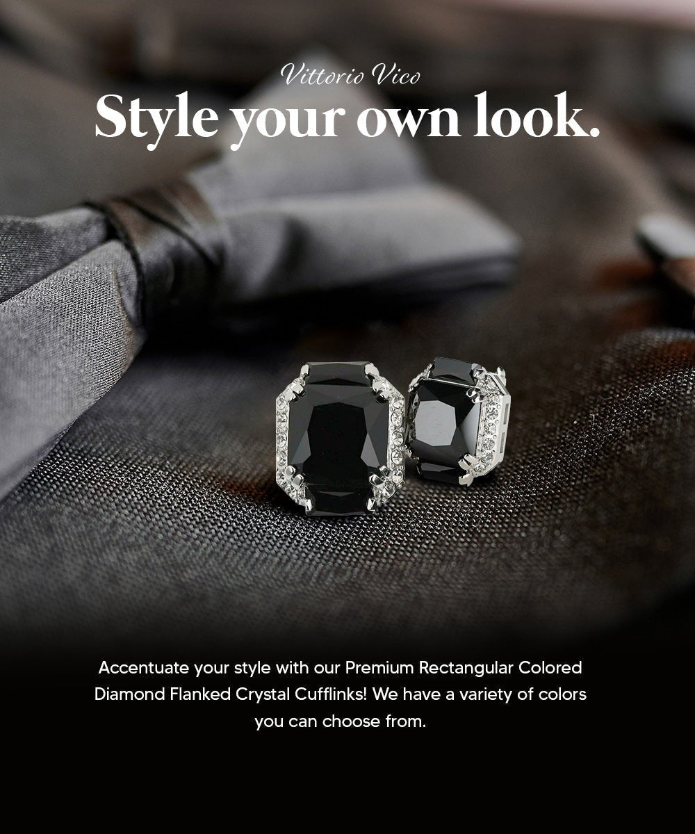 Vittorio Vico Large Rectangular Diamond Flanked Colorstone Crystal Cufflinks: CL 74XX Series - Suits You Sir - Black and Silver -