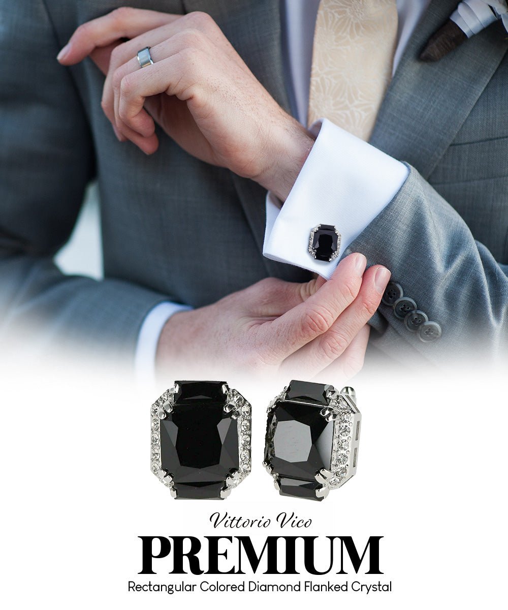 Vittorio Vico Large Rectangular Diamond Flanked Colorstone Crystal Cufflinks: CL 74XX Series - Suits You Sir - Black and Silver -