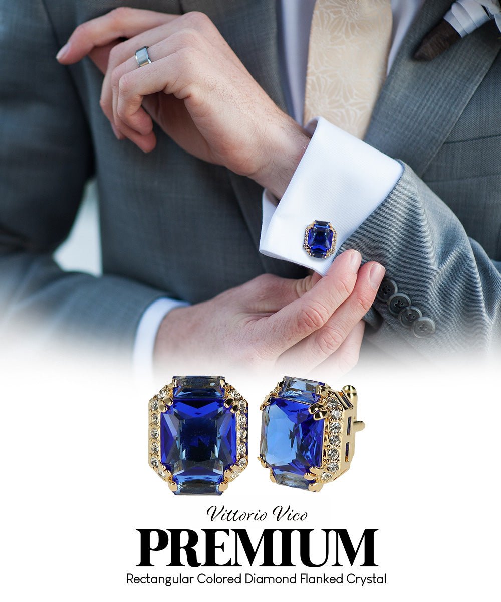 Vittorio Vico Large Rectangular Diamond Flanked Colorstone Crystal Cufflinks: CL 74XX Series - Suits You Sir - Blue and Gold -