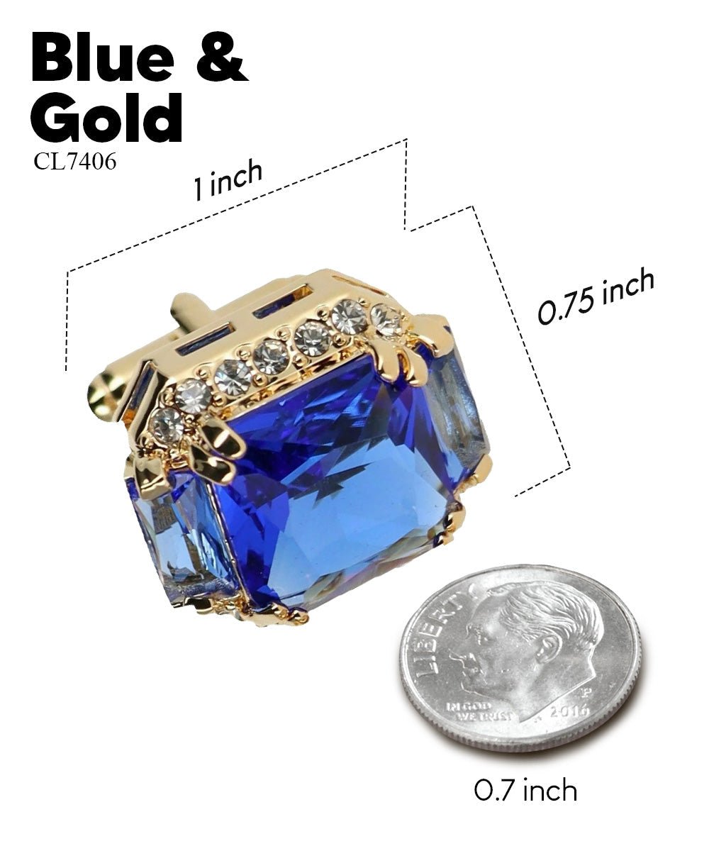 Vittorio Vico Large Rectangular Diamond Flanked Colorstone Crystal Cufflinks: CL 74XX Series - Suits You Sir - Blue and Gold -