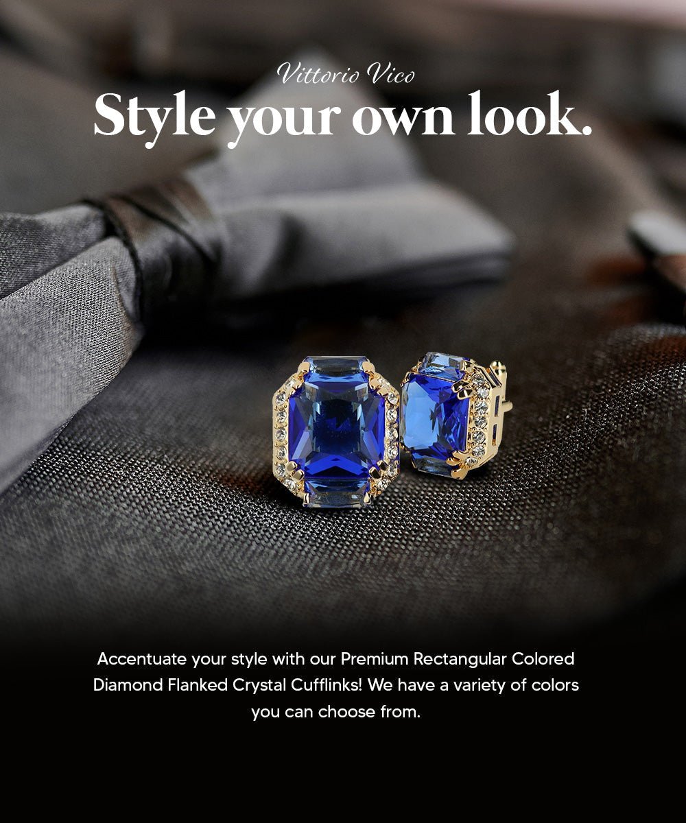Vittorio Vico Large Rectangular Diamond Flanked Colorstone Crystal Cufflinks: CL 74XX Series - Suits You Sir - Blue and Gold -