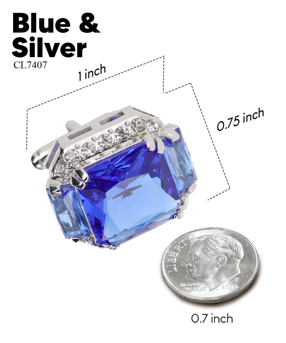 Vittorio Vico Large Rectangular Diamond Flanked Colorstone Crystal Cufflinks: CL 74XX Series - Suits You Sir - Blue and Silver -