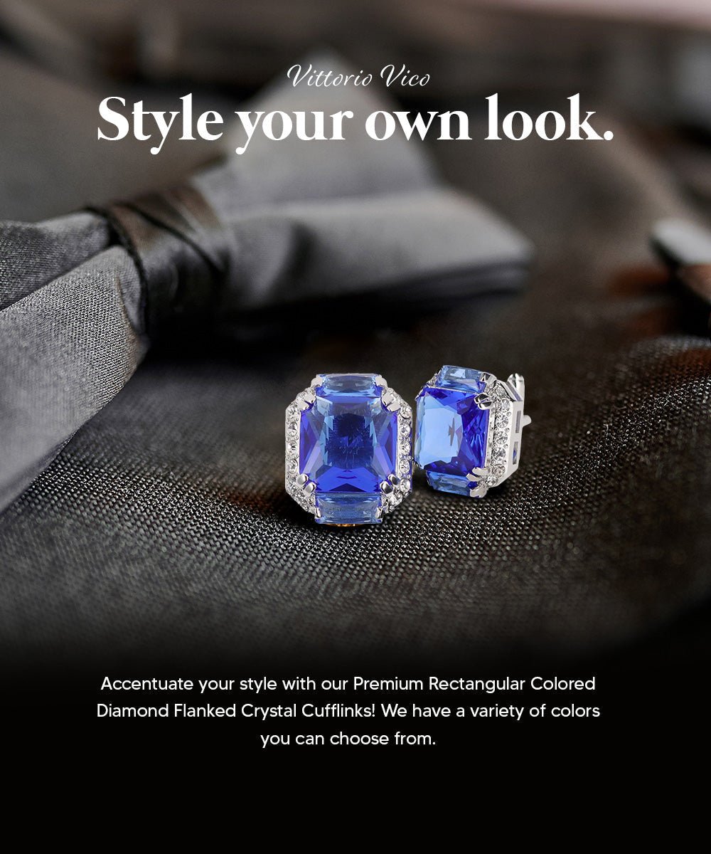 Vittorio Vico Large Rectangular Diamond Flanked Colorstone Crystal Cufflinks: CL 74XX Series - Suits You Sir - Blue and Silver -