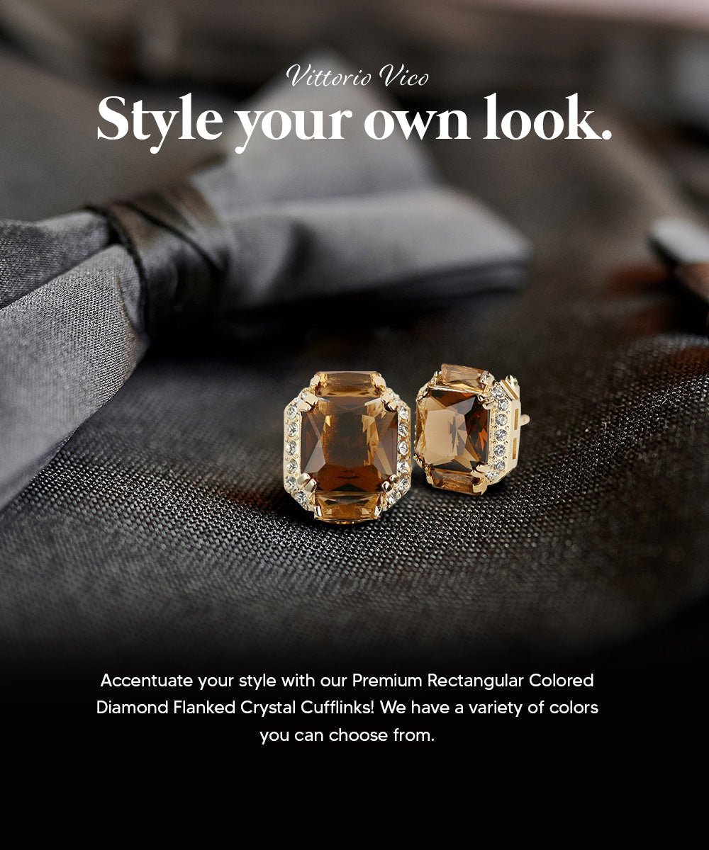 Vittorio Vico Large Rectangular Diamond Flanked Colorstone Crystal Cufflinks: CL 74XX Series - Suits You Sir - Brown and Gold -