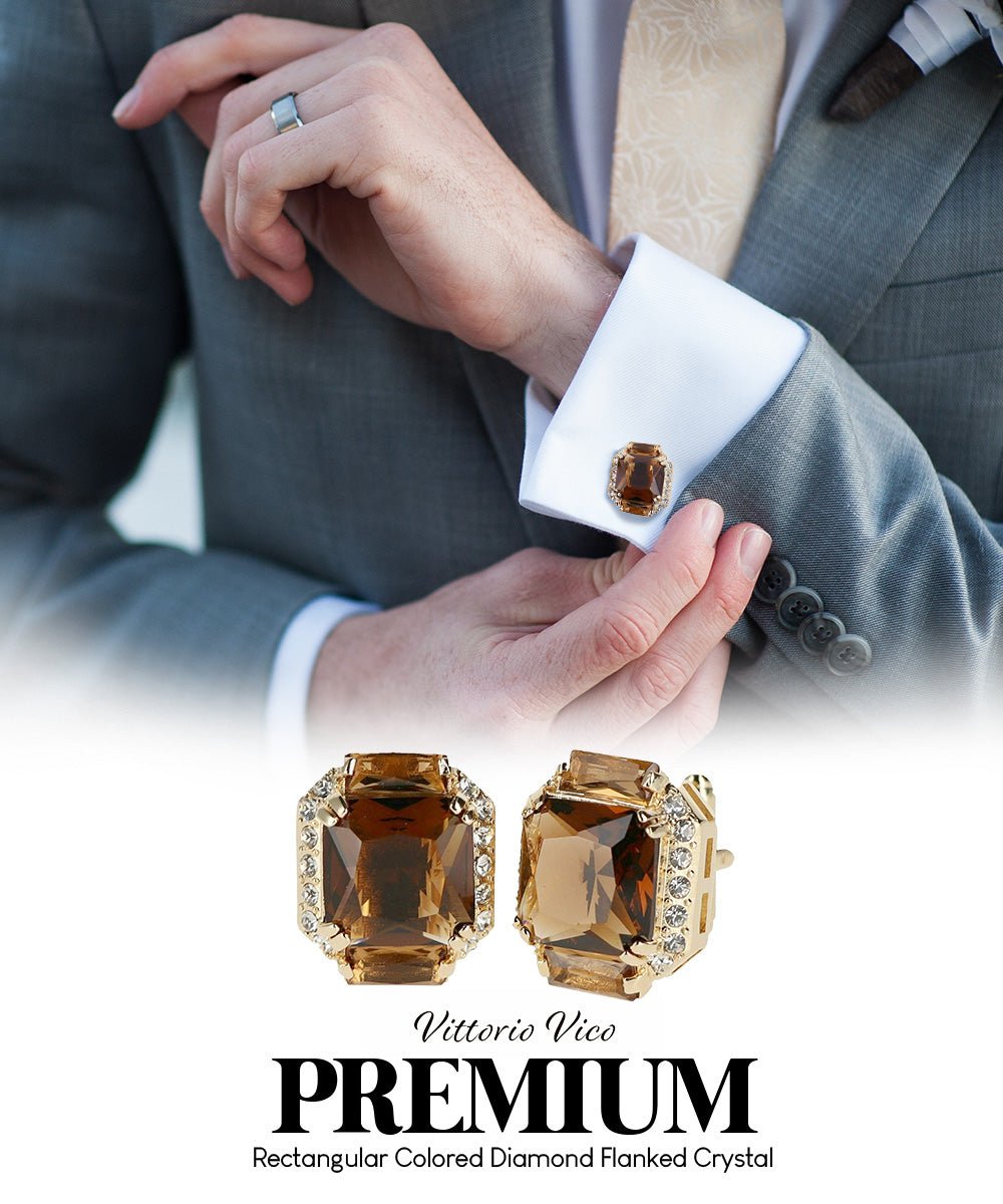 Vittorio Vico Large Rectangular Diamond Flanked Colorstone Crystal Cufflinks: CL 74XX Series - Suits You Sir - Brown and Gold -