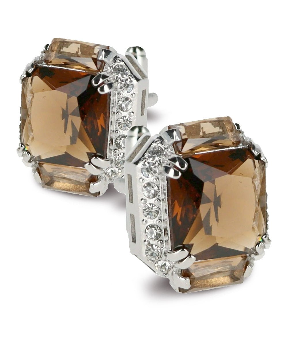 Vittorio Vico Large Rectangular Diamond Flanked Colorstone Crystal Cufflinks: CL 74XX Series - Suits You Sir - Brown and Silver -