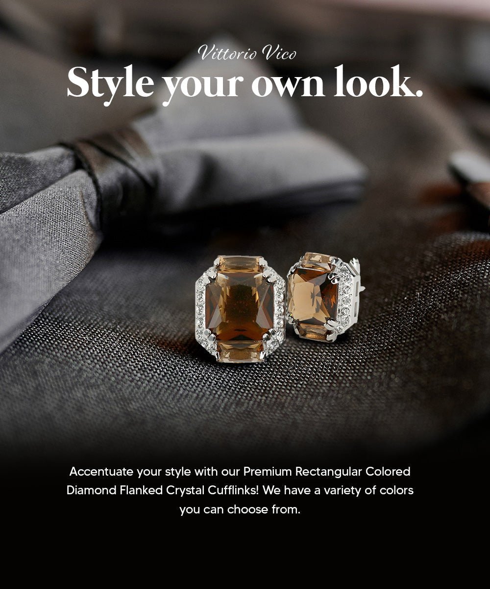Vittorio Vico Large Rectangular Diamond Flanked Colorstone Crystal Cufflinks: CL 74XX Series - Suits You Sir - Brown and Silver -