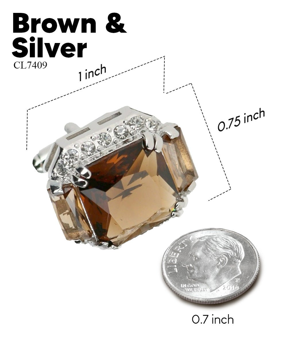 Vittorio Vico Large Rectangular Diamond Flanked Colorstone Crystal Cufflinks: CL 74XX Series - Suits You Sir - Brown and Silver -