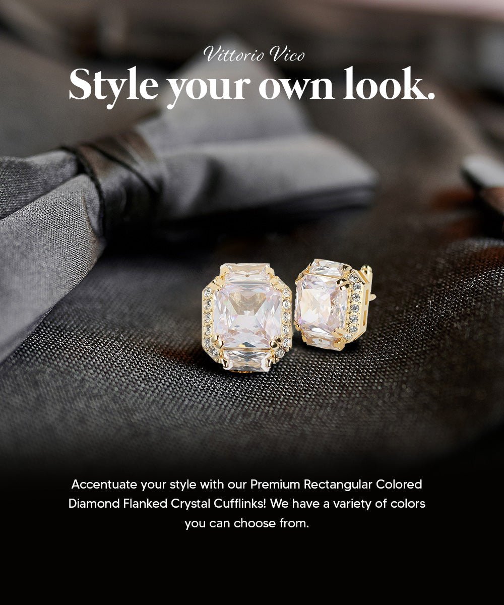 Vittorio Vico Large Rectangular Diamond Flanked Colorstone Crystal Cufflinks: CL 74XX Series - Suits You Sir - Clear and Gold -