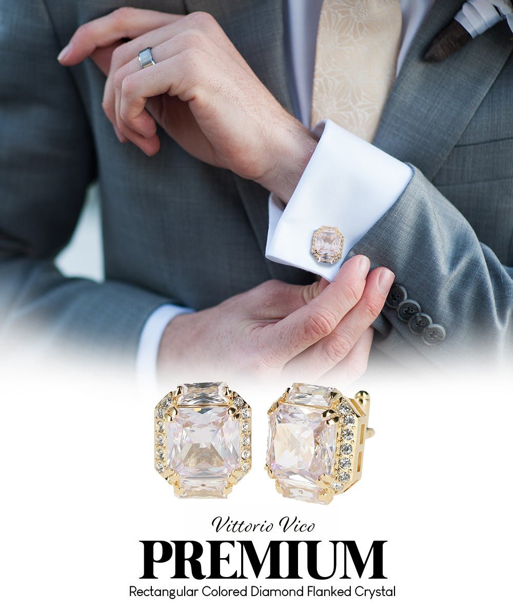 Vittorio Vico Large Rectangular Diamond Flanked Colorstone Crystal Cufflinks: CL 74XX Series - Suits You Sir - Clear and Gold -
