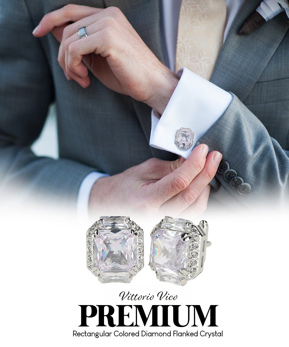 Vittorio Vico Large Rectangular Diamond Flanked Colorstone Crystal Cufflinks: CL 74XX Series - Suits You Sir - Clear and Silver -