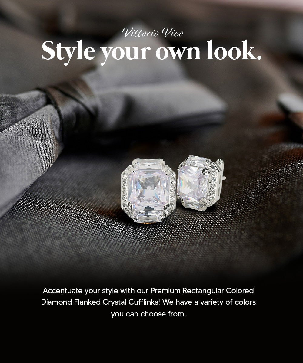 Vittorio Vico Large Rectangular Diamond Flanked Colorstone Crystal Cufflinks: CL 74XX Series - Suits You Sir - Clear and Silver -