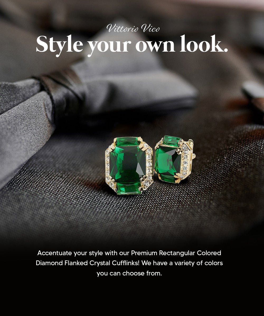 Vittorio Vico Large Rectangular Diamond Flanked Colorstone Crystal Cufflinks: CL 74XX Series - Suits You Sir - Emerald Green and Gold -