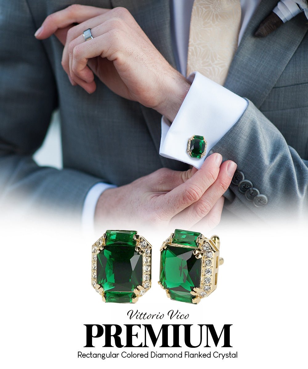 Vittorio Vico Large Rectangular Diamond Flanked Colorstone Crystal Cufflinks: CL 74XX Series - Suits You Sir - Emerald Green and Gold -