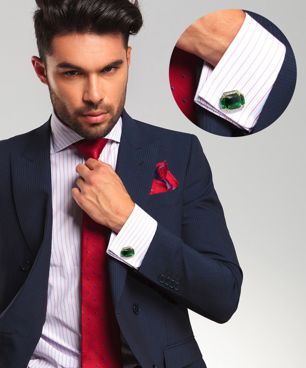 Vittorio Vico Large Rectangular Diamond Flanked Colorstone Crystal Cufflinks: CL 74XX Series - Suits You Sir - Emerald Green and Gold -