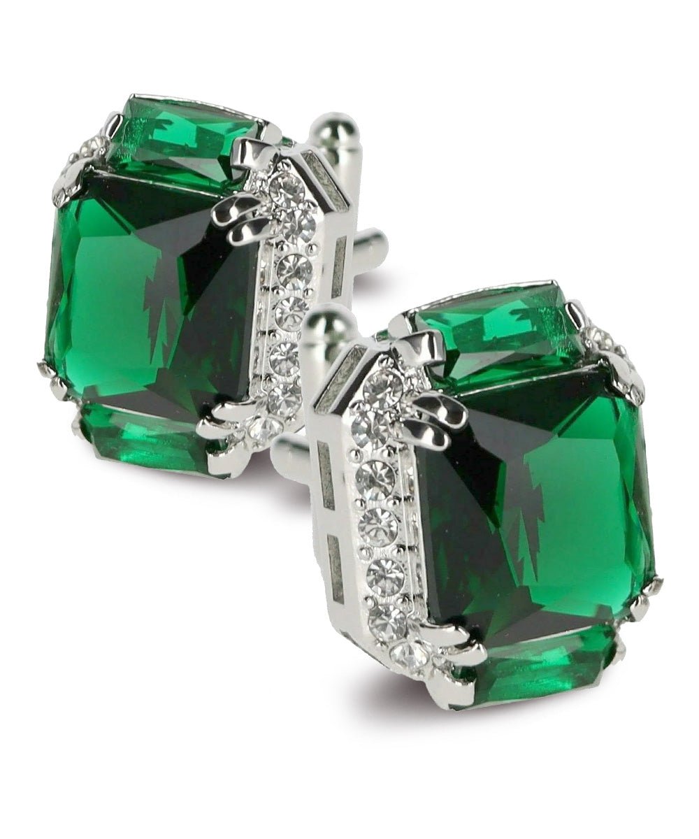 Vittorio Vico Large Rectangular Diamond Flanked Colorstone Crystal Cufflinks: CL 74XX Series - Suits You Sir - Emerald Green and Silver -