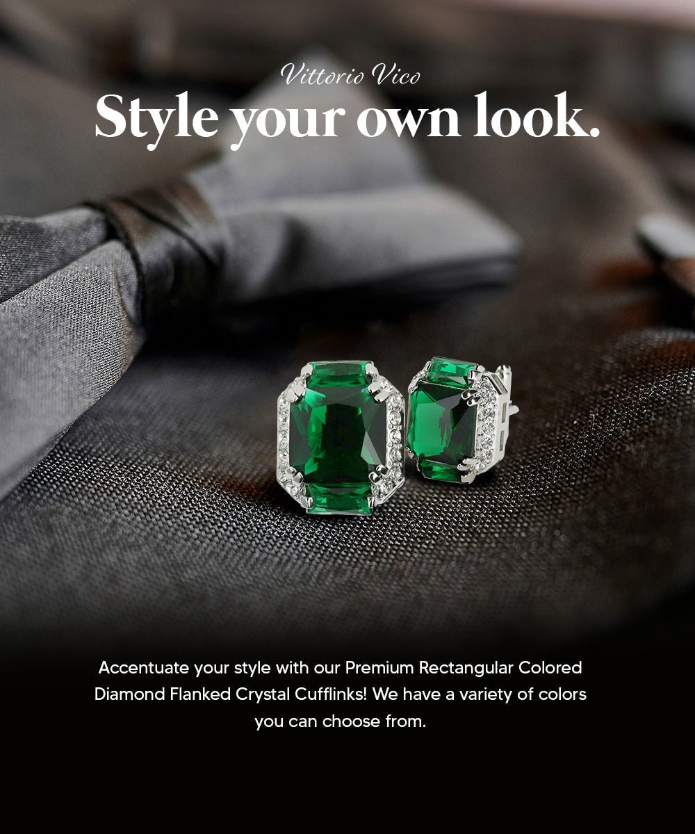 Vittorio Vico Large Rectangular Diamond Flanked Colorstone Crystal Cufflinks: CL 74XX Series - Suits You Sir - Emerald Green and Silver -
