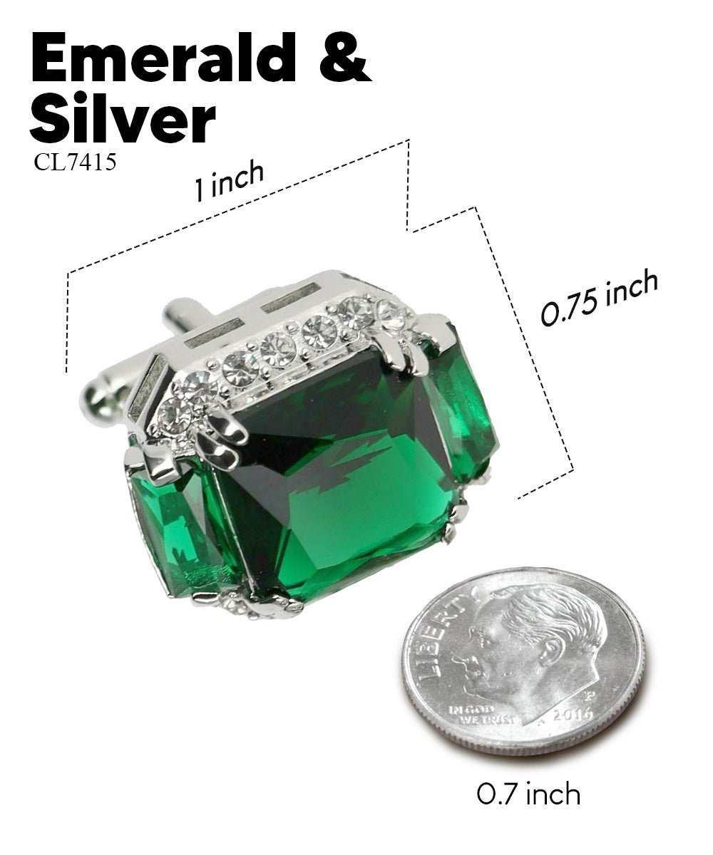 Vittorio Vico Large Rectangular Diamond Flanked Colorstone Crystal Cufflinks: CL 74XX Series - Suits You Sir - Emerald Green and Silver -
