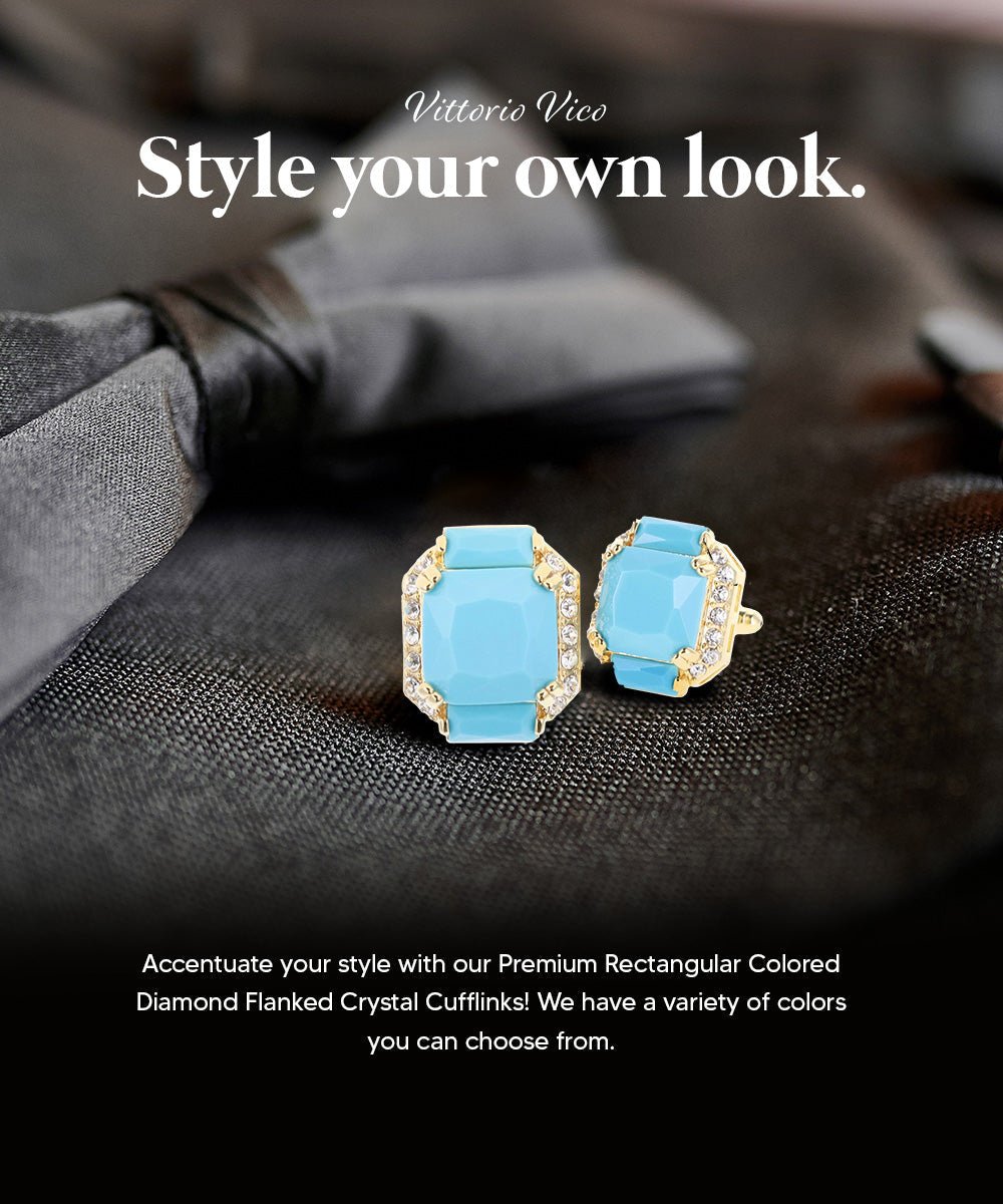 Vittorio Vico Large Rectangular Diamond Flanked Colorstone Crystal Cufflinks: CL 74XX Series - Suits You Sir - Matte Sky Blue and Gold -