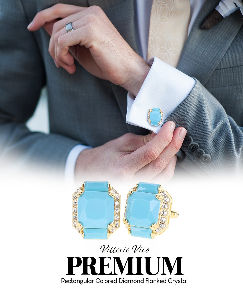 Vittorio Vico Large Rectangular Diamond Flanked Colorstone Crystal Cufflinks: CL 74XX Series - Suits You Sir - Matte Sky Blue and Gold -