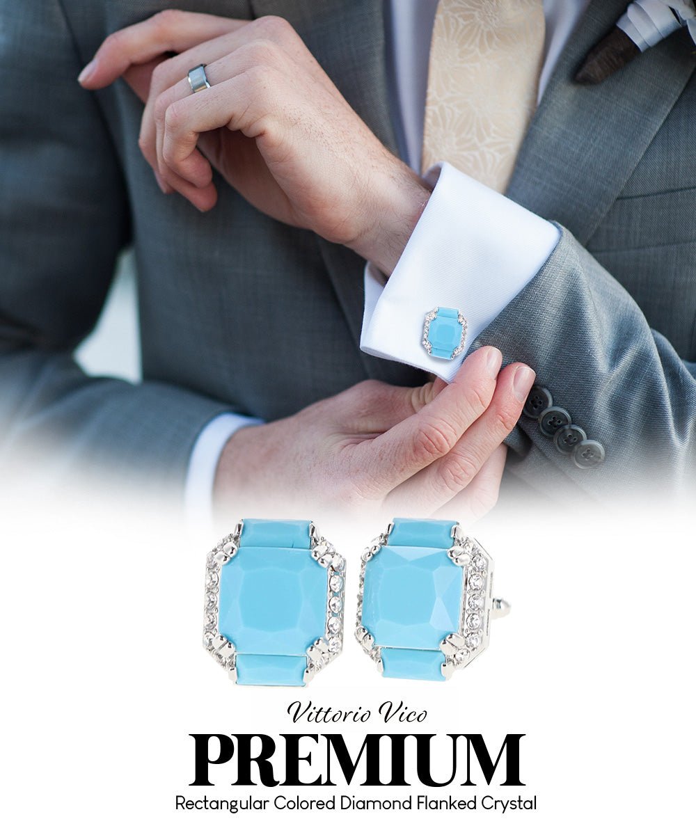 Vittorio Vico Large Rectangular Diamond Flanked Colorstone Crystal Cufflinks: CL 74XX Series - Suits You Sir - Matte Sky Blue and Silver -