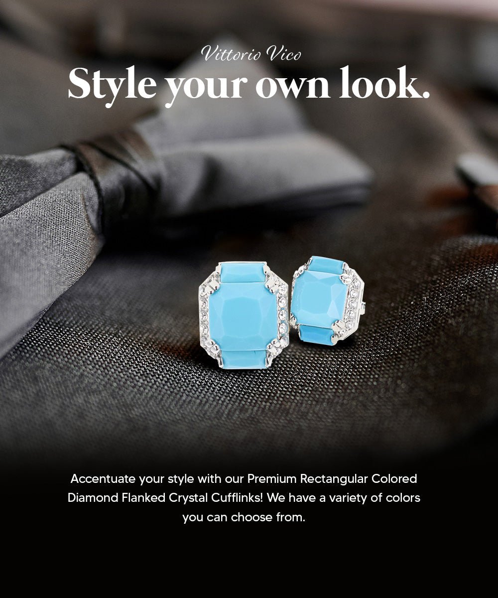 Vittorio Vico Large Rectangular Diamond Flanked Colorstone Crystal Cufflinks: CL 74XX Series - Suits You Sir - Matte Sky Blue and Silver -