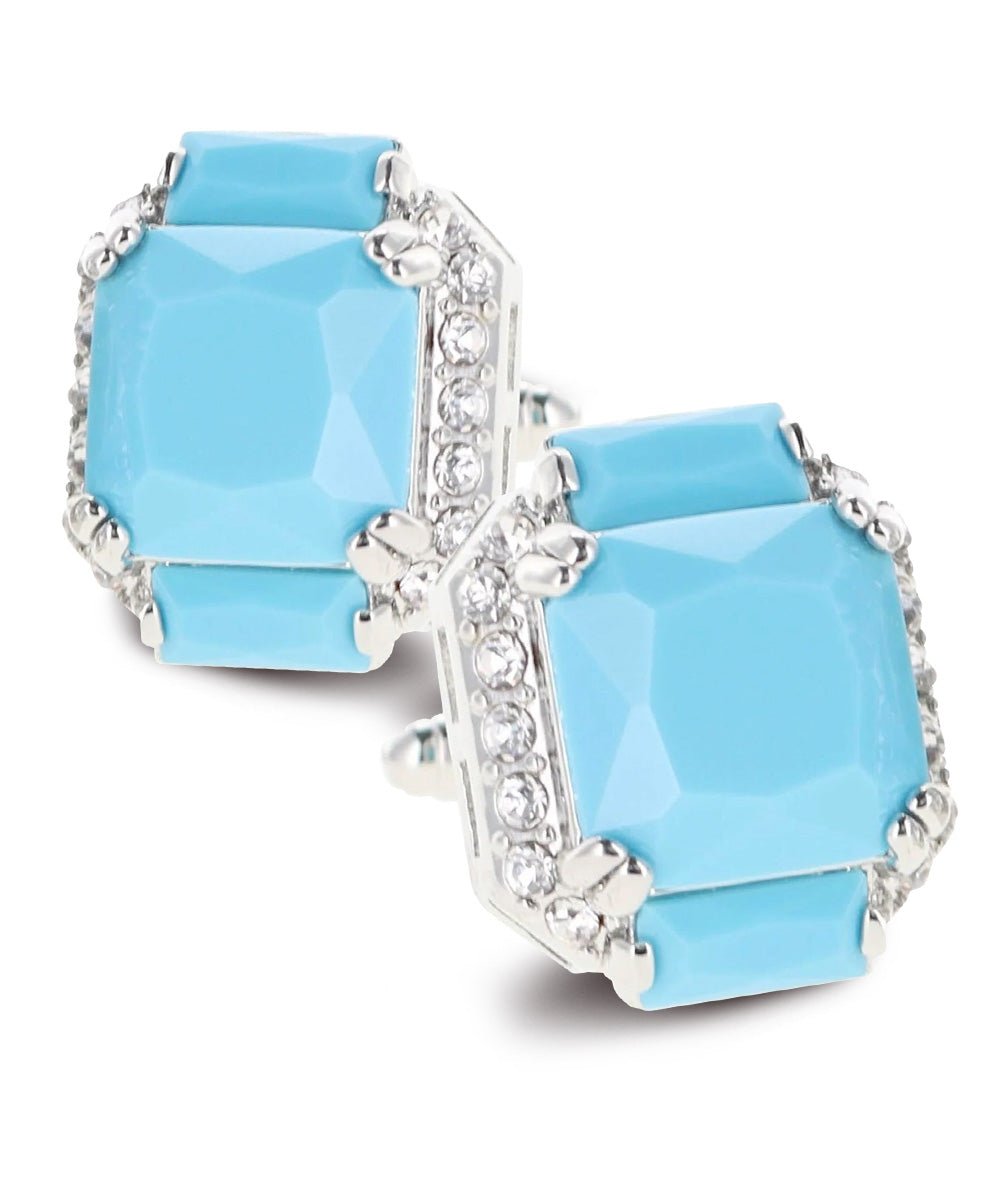 Vittorio Vico Large Rectangular Diamond Flanked Colorstone Crystal Cufflinks: CL 74XX Series - Suits You Sir - Matte Sky Blue and Silver -