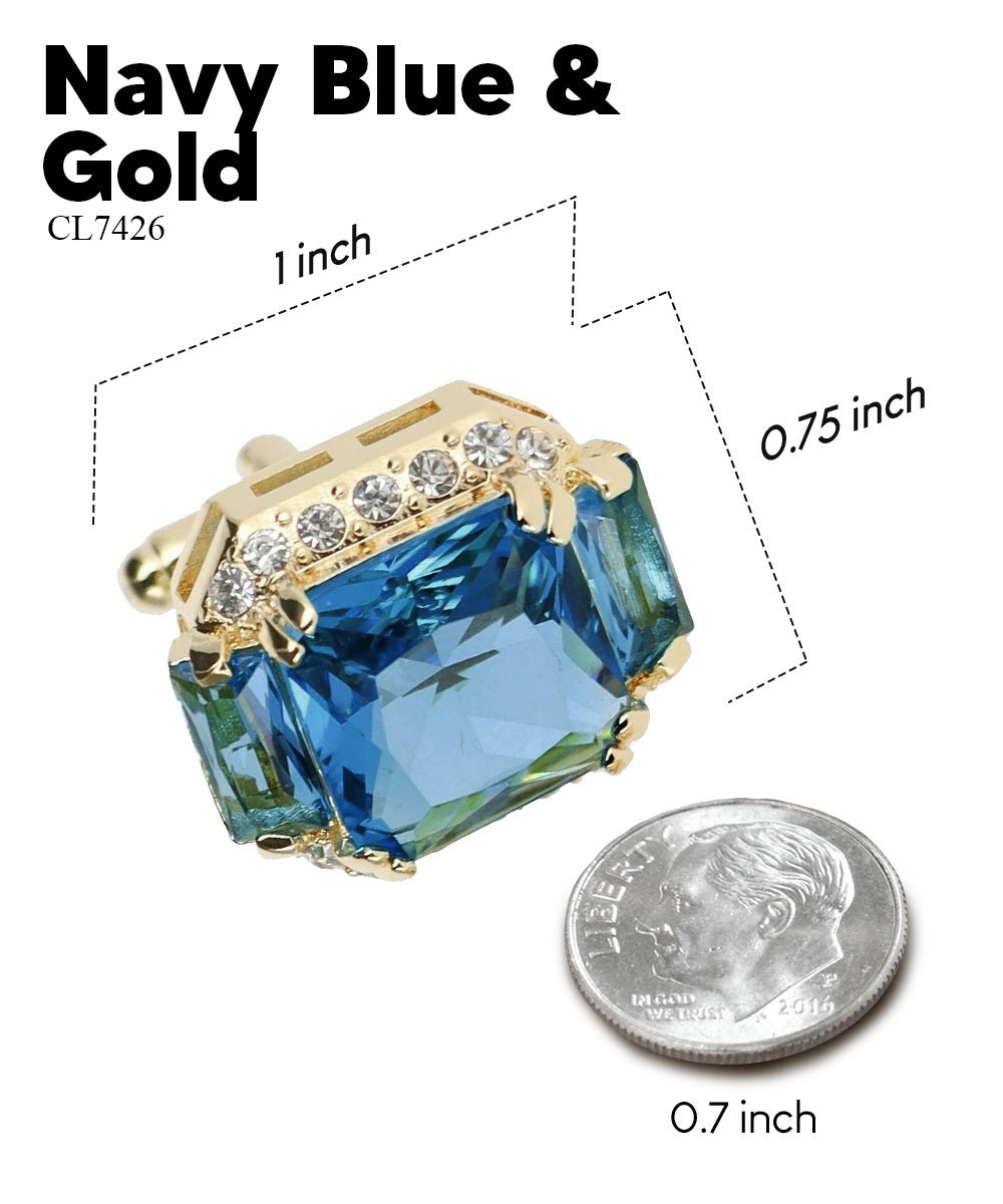 Vittorio Vico Large Rectangular Diamond Flanked Colorstone Crystal Cufflinks: CL 74XX Series - Suits You Sir - Navy Blue and Gold -