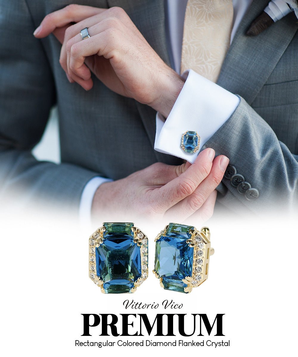 Vittorio Vico Large Rectangular Diamond Flanked Colorstone Crystal Cufflinks: CL 74XX Series - Suits You Sir - Navy Blue and Gold -