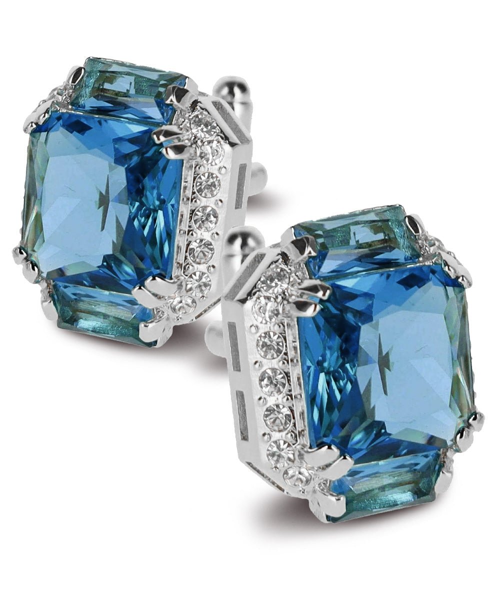 Vittorio Vico Large Rectangular Diamond Flanked Colorstone Crystal Cufflinks: CL 74XX Series - Suits You Sir - Navy Blue and Silver -
