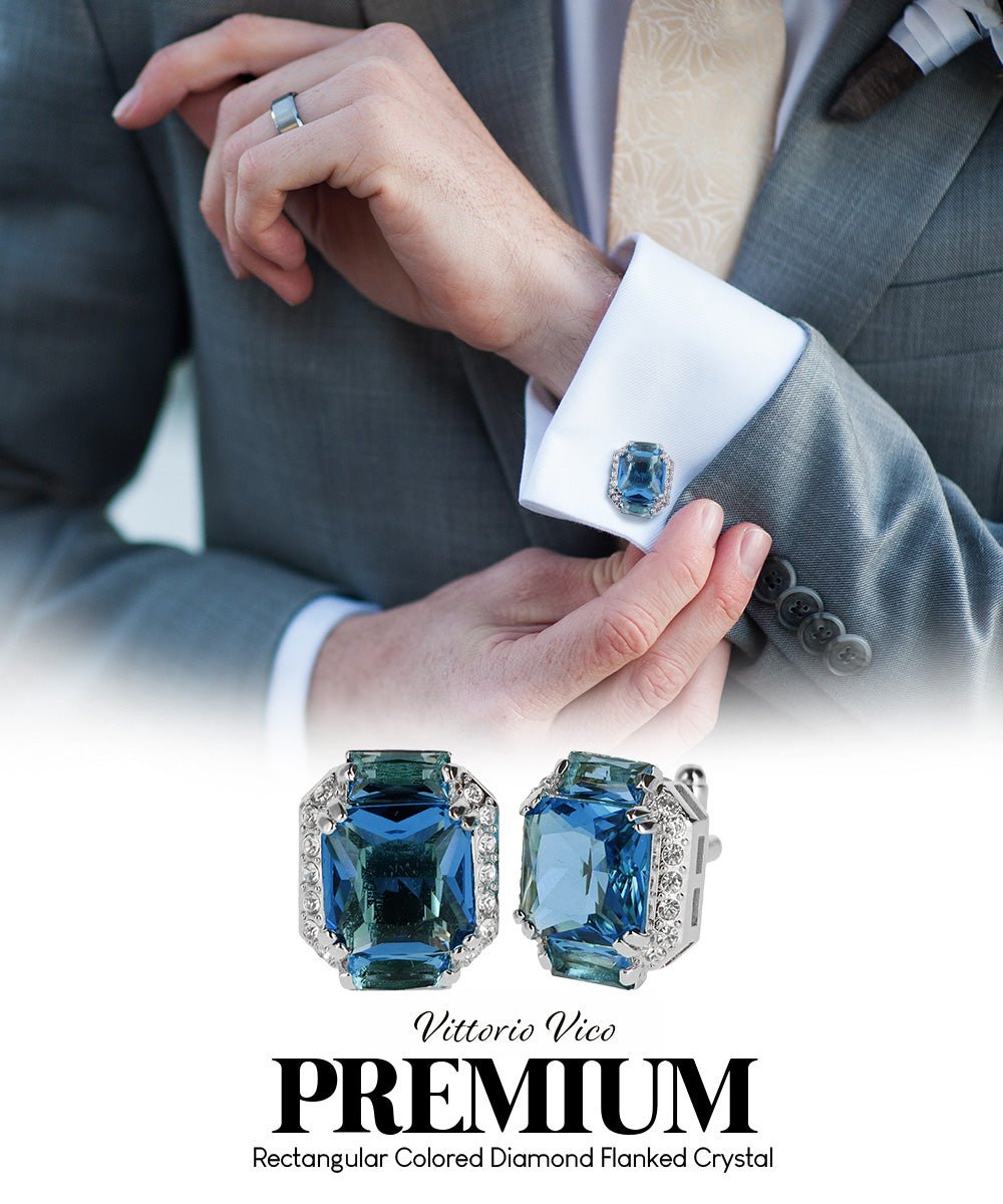 Vittorio Vico Large Rectangular Diamond Flanked Colorstone Crystal Cufflinks: CL 74XX Series - Suits You Sir - Navy Blue and Silver -
