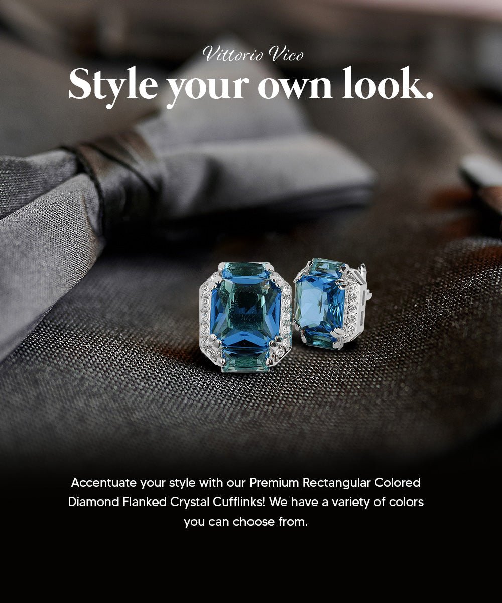 Vittorio Vico Large Rectangular Diamond Flanked Colorstone Crystal Cufflinks: CL 74XX Series - Suits You Sir - Navy Blue and Silver -