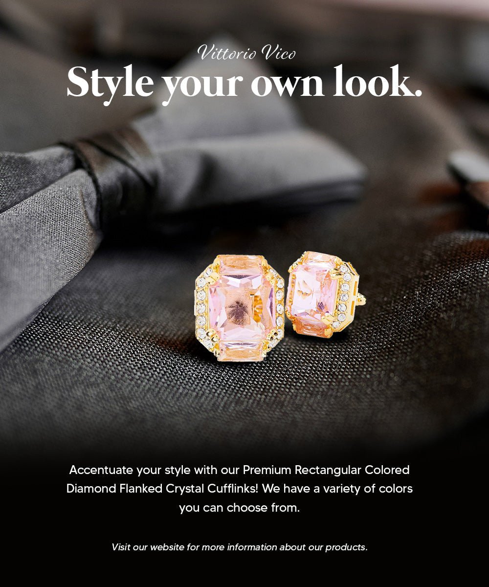 Vittorio Vico Large Rectangular Diamond Flanked Colorstone Crystal Cufflinks: CL 74XX Series - Suits You Sir - Pink and Gold -