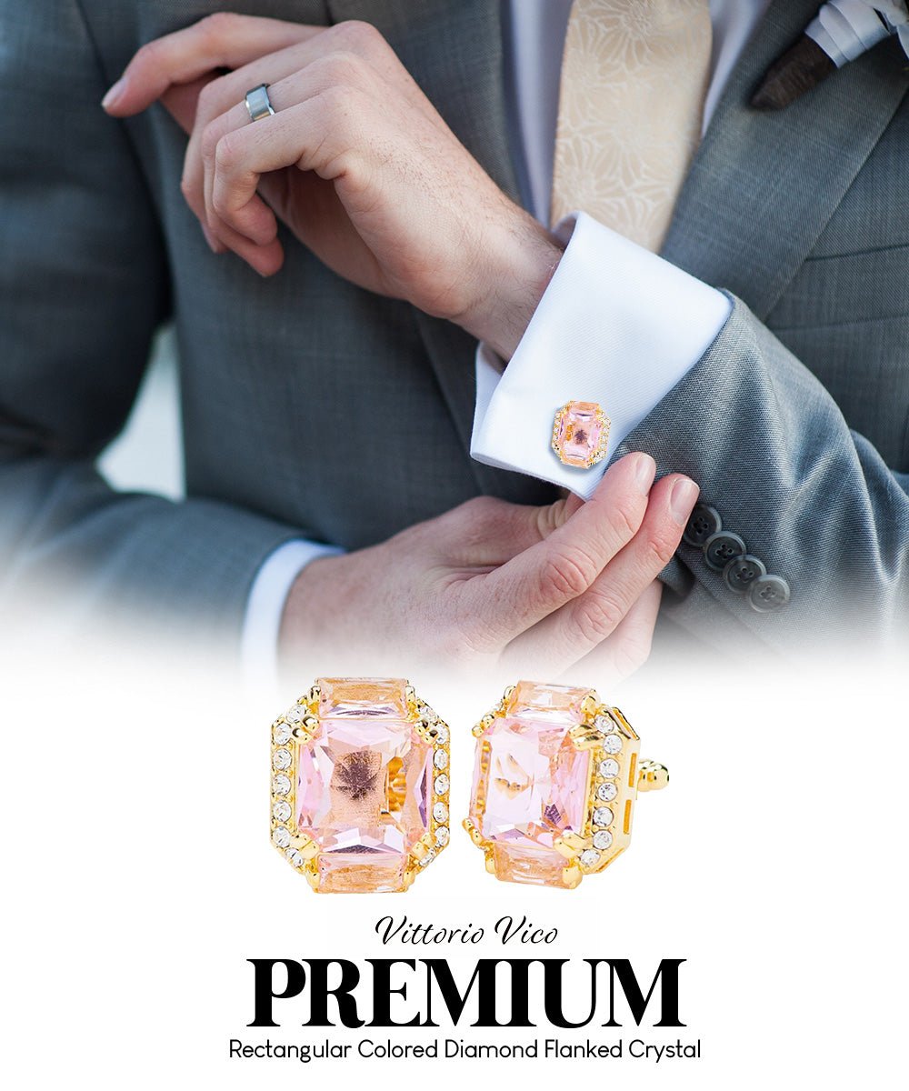 Vittorio Vico Large Rectangular Diamond Flanked Colorstone Crystal Cufflinks: CL 74XX Series - Suits You Sir - Pink and Gold -
