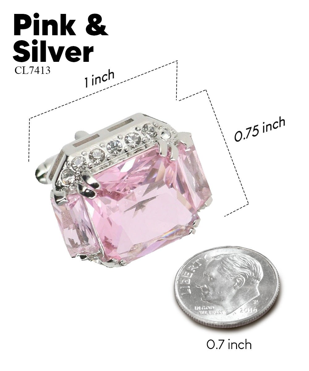 Vittorio Vico Large Rectangular Diamond Flanked Colorstone Crystal Cufflinks: CL 74XX Series - Suits You Sir - Pink and Silver -