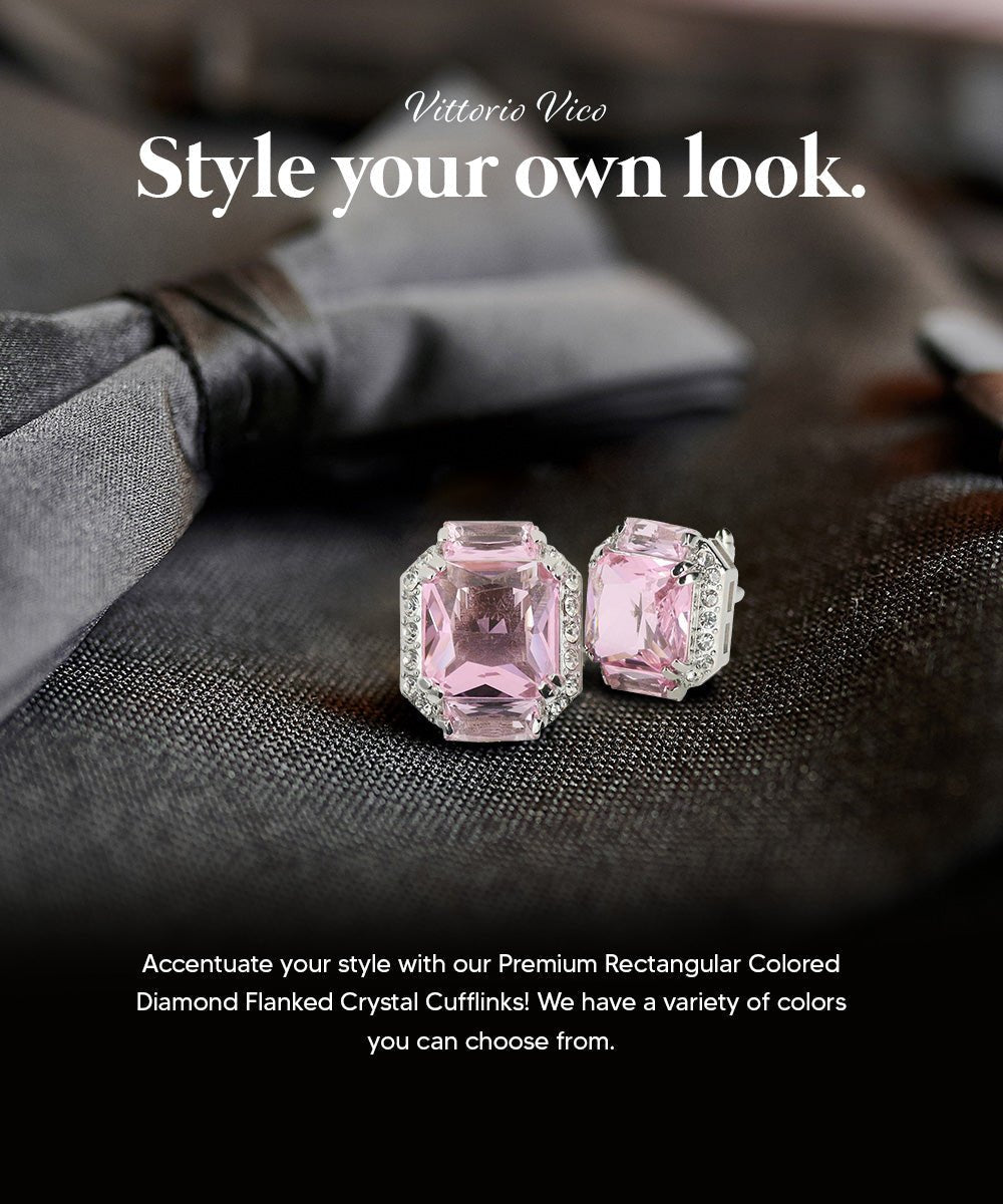 Vittorio Vico Large Rectangular Diamond Flanked Colorstone Crystal Cufflinks: CL 74XX Series - Suits You Sir - Pink and Silver -