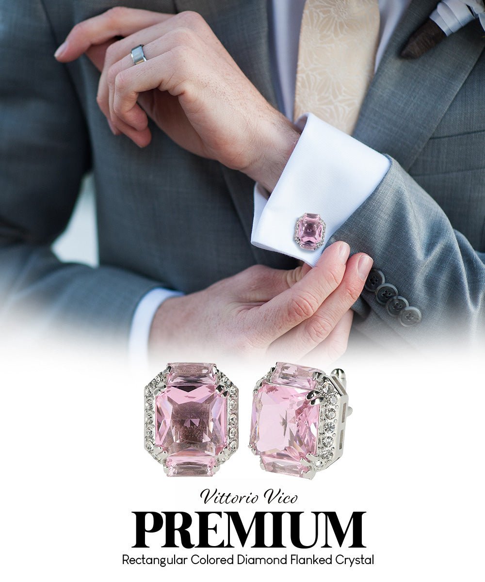 Vittorio Vico Large Rectangular Diamond Flanked Colorstone Crystal Cufflinks: CL 74XX Series - Suits You Sir - Pink and Silver -