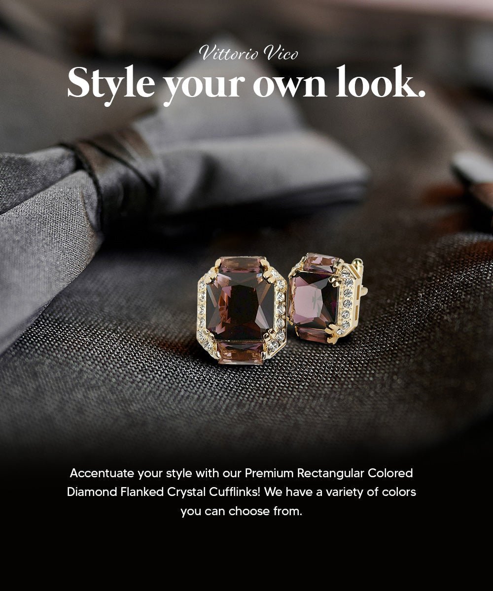Vittorio Vico Large Rectangular Diamond Flanked Colorstone Crystal Cufflinks: CL 74XX Series - Suits You Sir - Purple and Gold -
