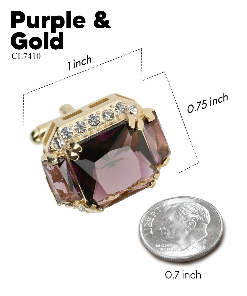 Vittorio Vico Large Rectangular Diamond Flanked Colorstone Crystal Cufflinks: CL 74XX Series - Suits You Sir - Purple and Gold -