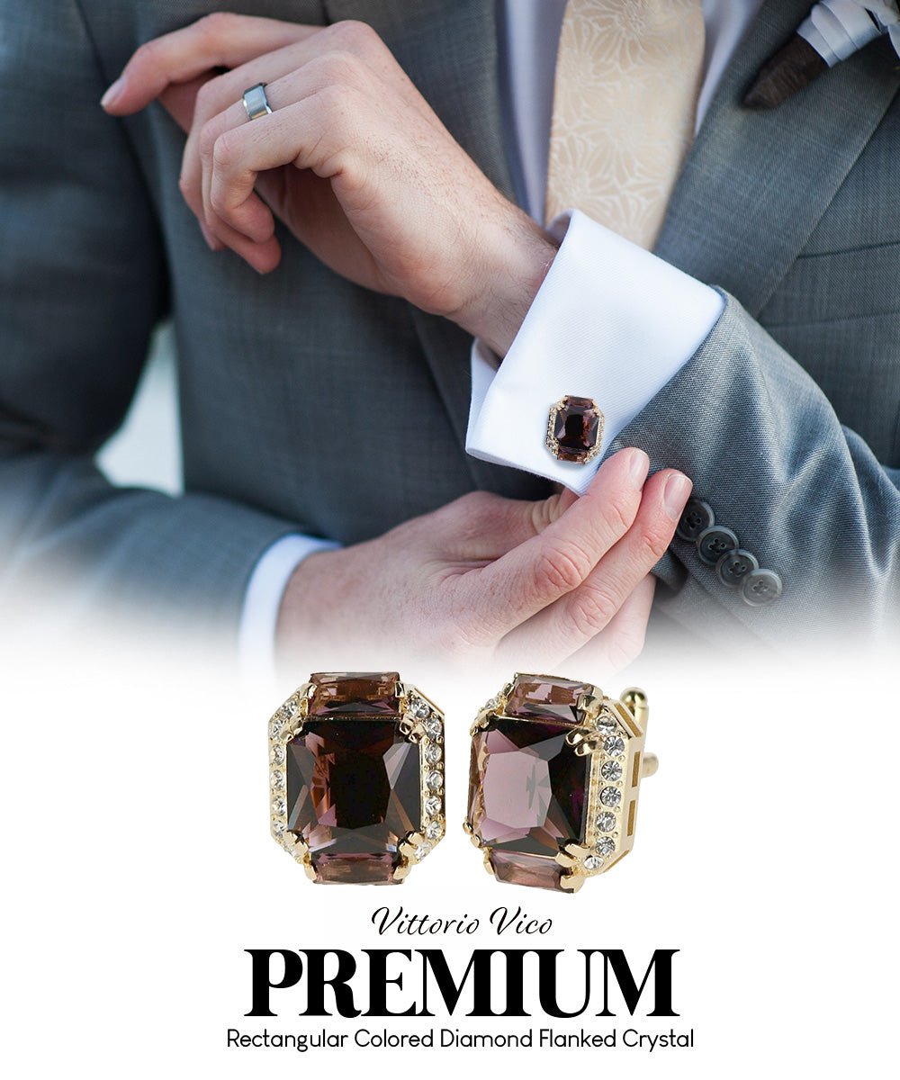 Vittorio Vico Large Rectangular Diamond Flanked Colorstone Crystal Cufflinks: CL 74XX Series - Suits You Sir - Purple and Gold -