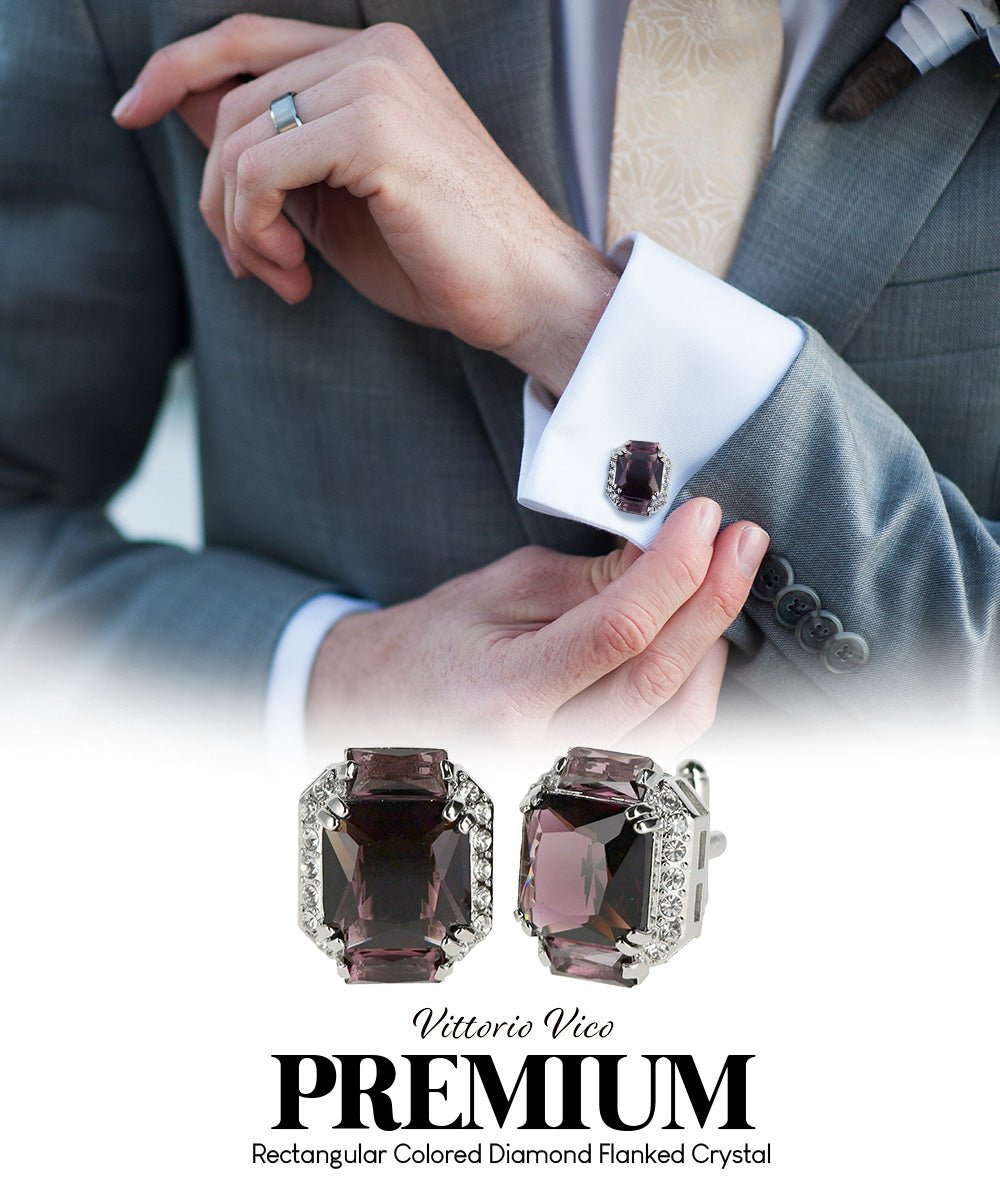 Vittorio Vico Large Rectangular Diamond Flanked Colorstone Crystal Cufflinks: CL 74XX Series - Suits You Sir - Purple and Silver -