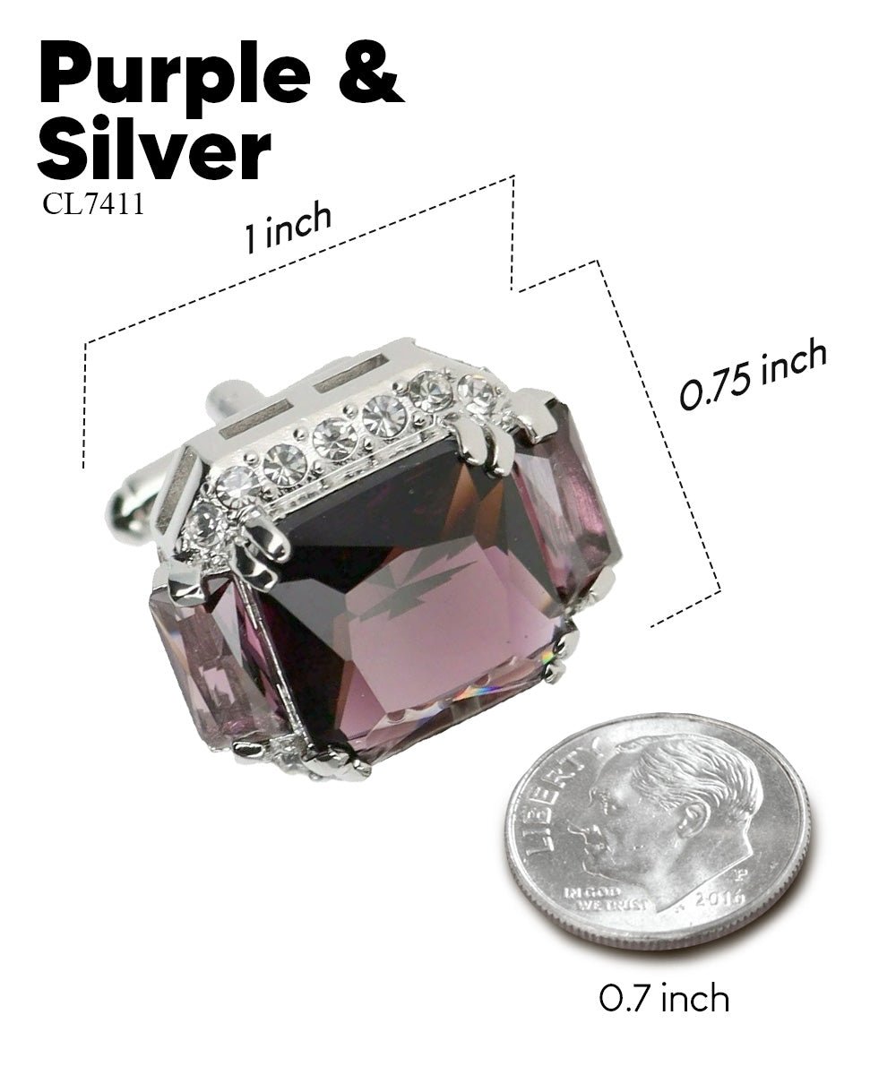 Vittorio Vico Large Rectangular Diamond Flanked Colorstone Crystal Cufflinks: CL 74XX Series - Suits You Sir - Purple and Silver -