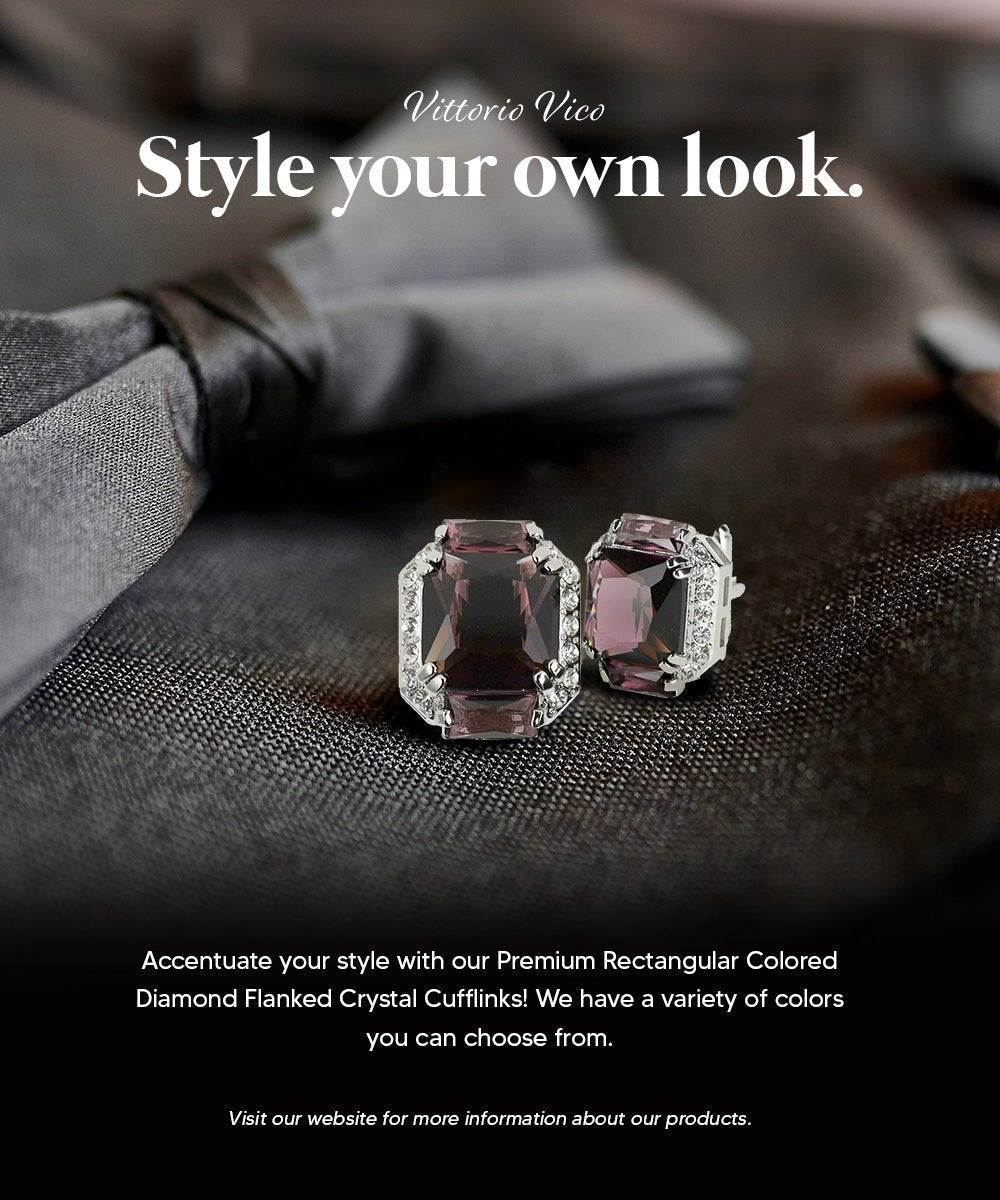 Vittorio Vico Large Rectangular Diamond Flanked Colorstone Crystal Cufflinks: CL 74XX Series - Suits You Sir - Purple and Silver -