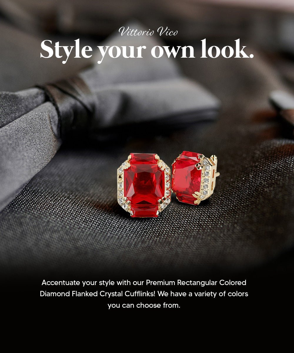 Vittorio Vico Large Rectangular Diamond Flanked Colorstone Crystal Cufflinks: CL 74XX Series - Suits You Sir - Red and Gold -