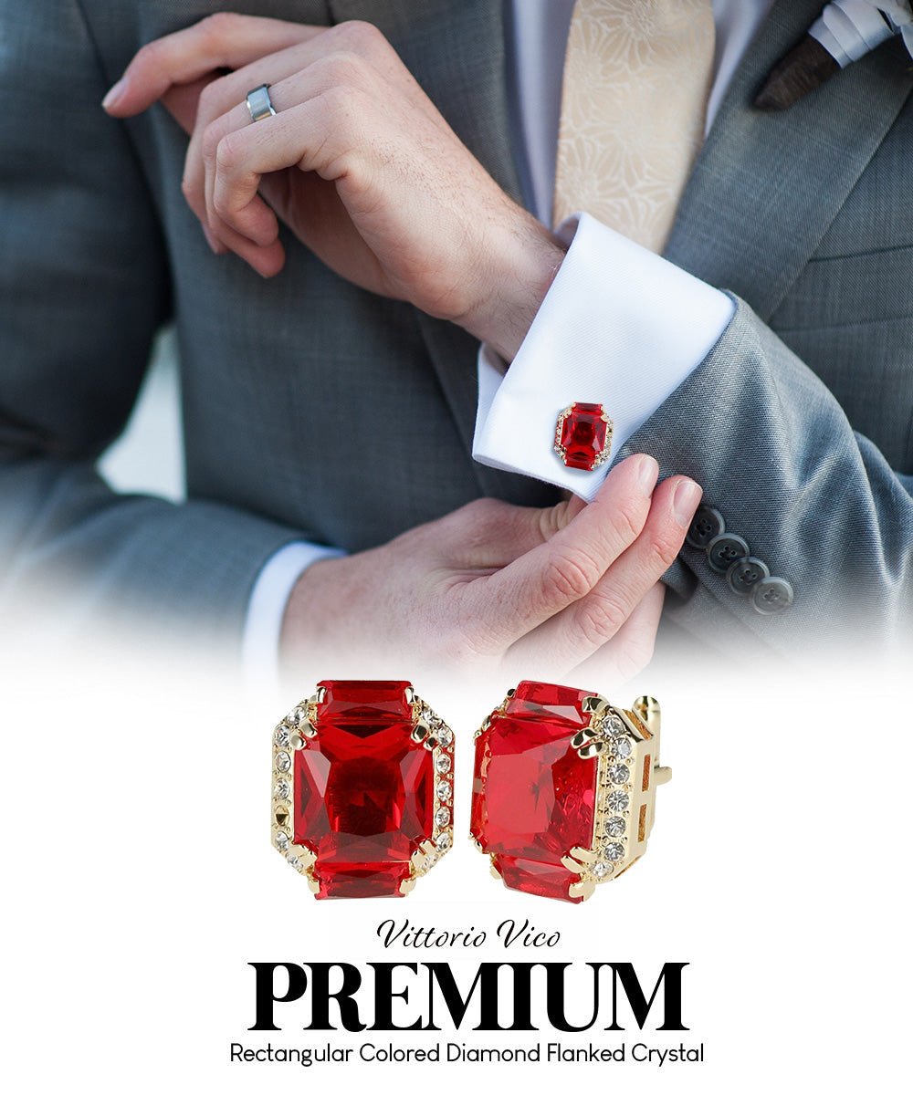 Vittorio Vico Large Rectangular Diamond Flanked Colorstone Crystal Cufflinks: CL 74XX Series - Suits You Sir - Red and Gold -