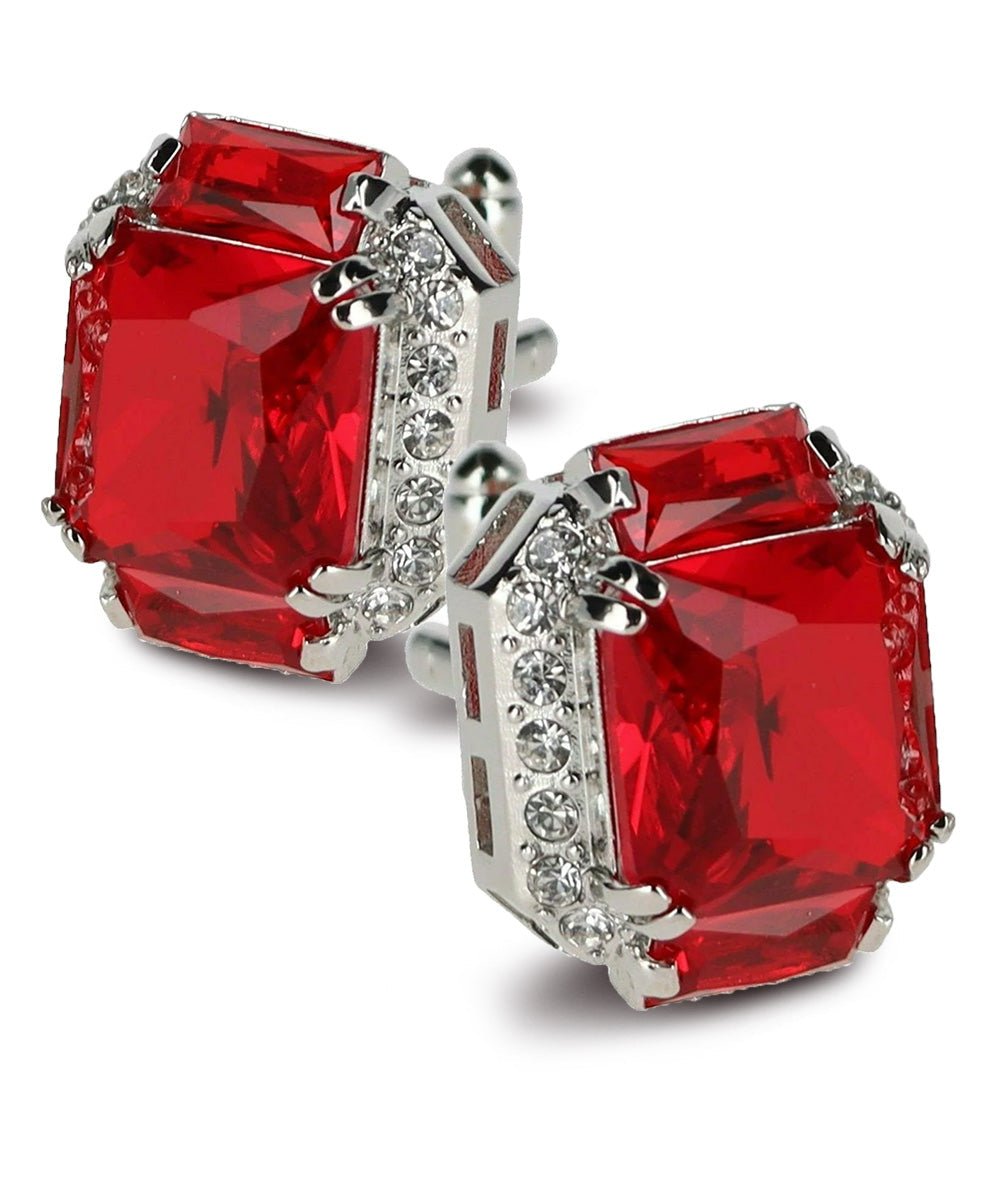 Vittorio Vico Large Rectangular Diamond Flanked Colorstone Crystal Cufflinks: CL 74XX Series - Suits You Sir - Red and Silver -